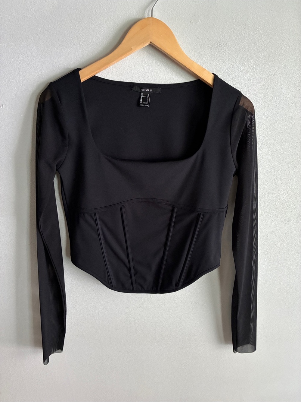 Forever 21 Black Corset Top Mesh Long Sleeve Square Neck Crop Top M